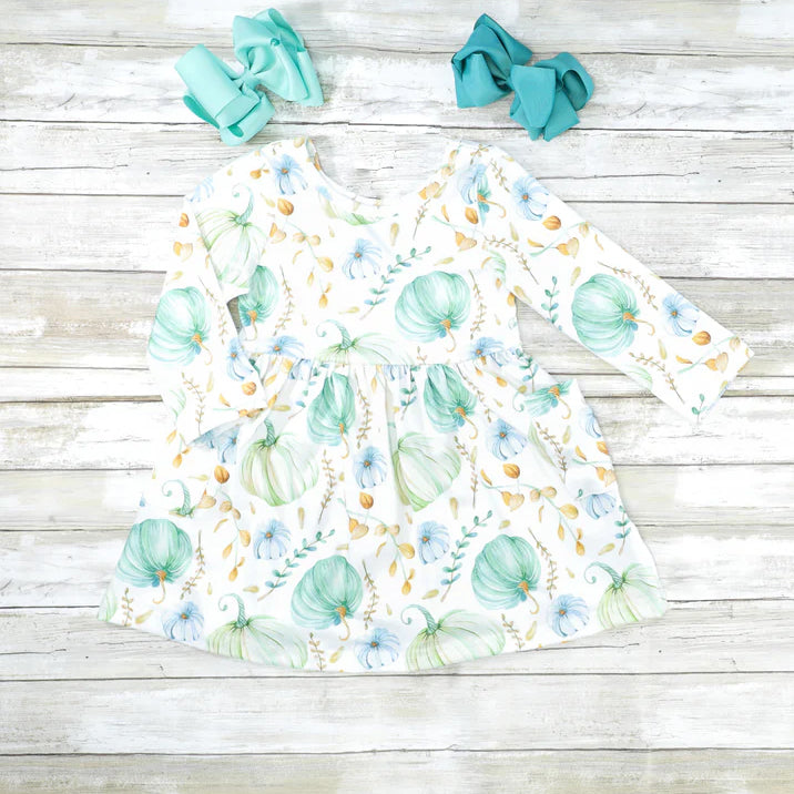 (Custom Design MOQ 5) Aqua pumpkin baby girls knee length dress
