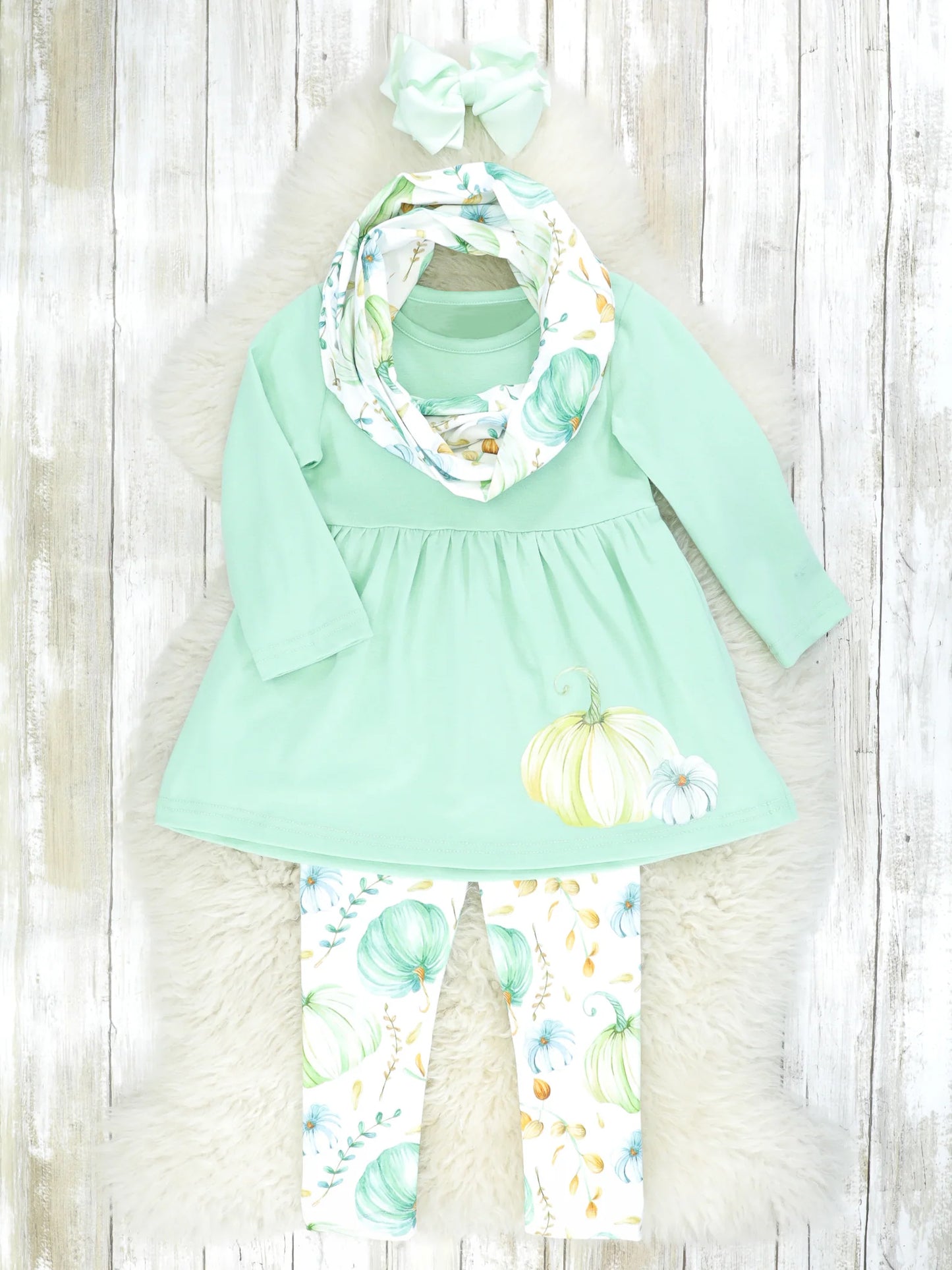 (Custom Design MOQ 5) Aqua pumpkin tunic top legging pants girls 3 pieces fall clothes set