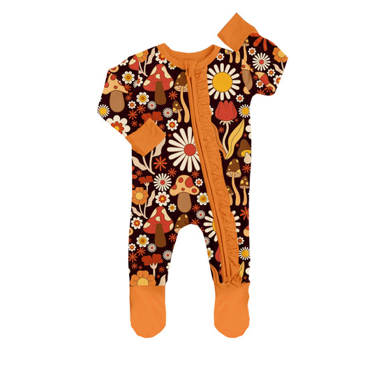 (Custom Design MOQ 5) Baby girls mushroom flowers print zipper romper
