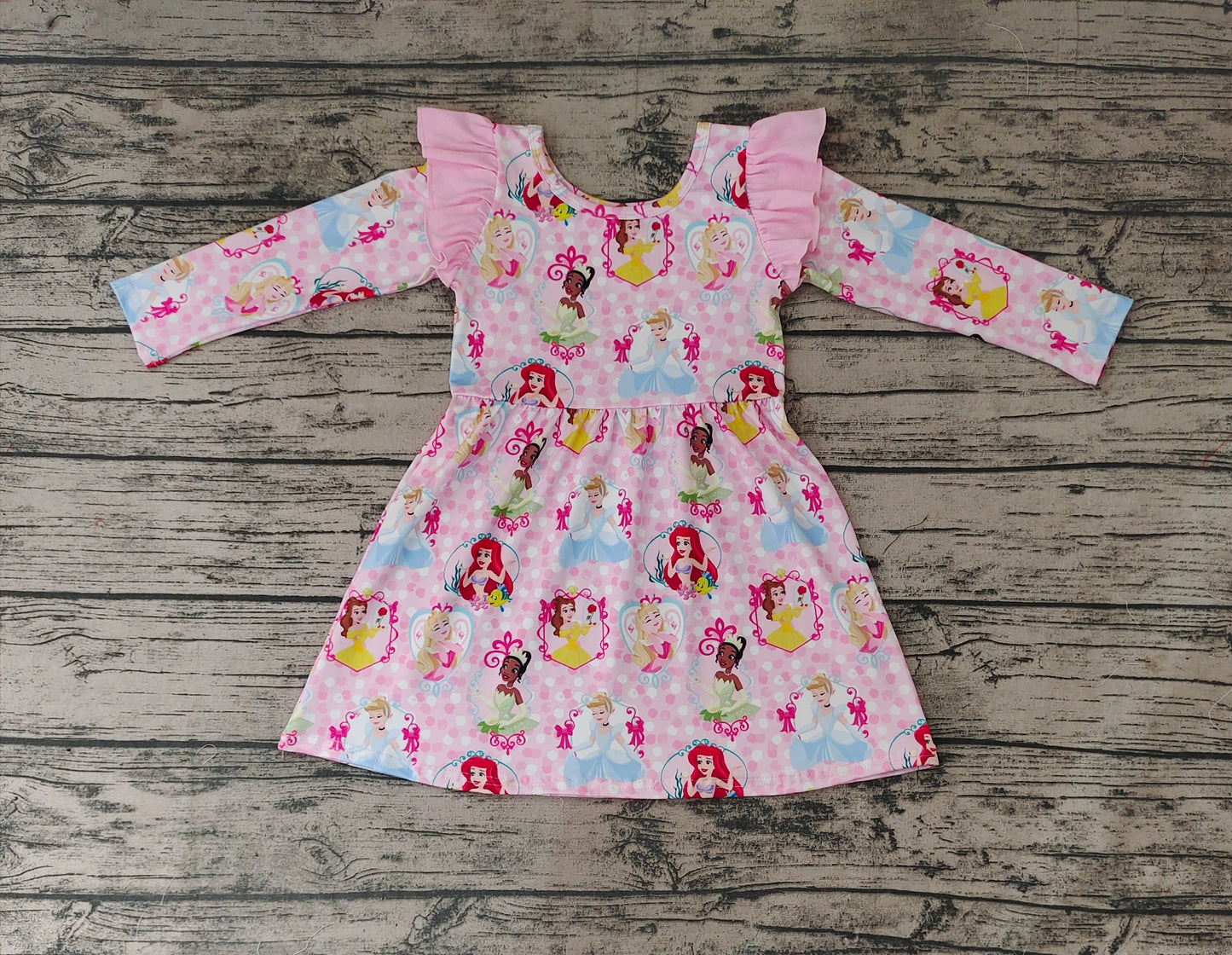 (Custom Design MOQ 5) Pink princess print baby girls knee length dress