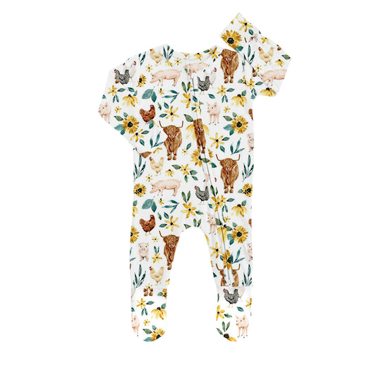 (Custom Design MOQ 5) Baby girls flowers highland cow print zipper footed romper