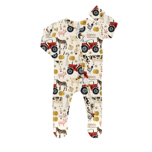 (Custom Design MOQ 5) Baby girls farm animals print zipper footed romper