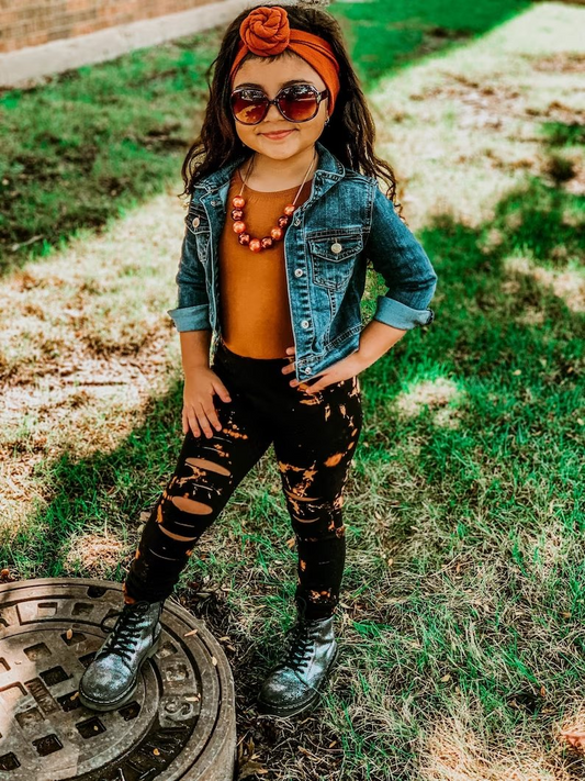 P0241 Girls tie-dye hole black legging pants