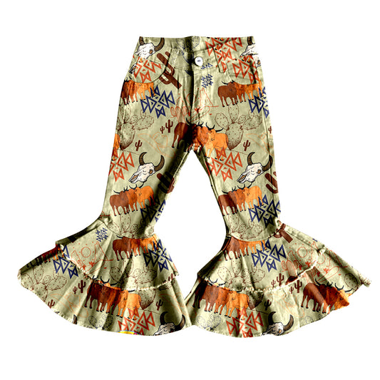 (Custom Design MOQ 5)Girls brown cow cactus aztec print denim bell bottom western jeans