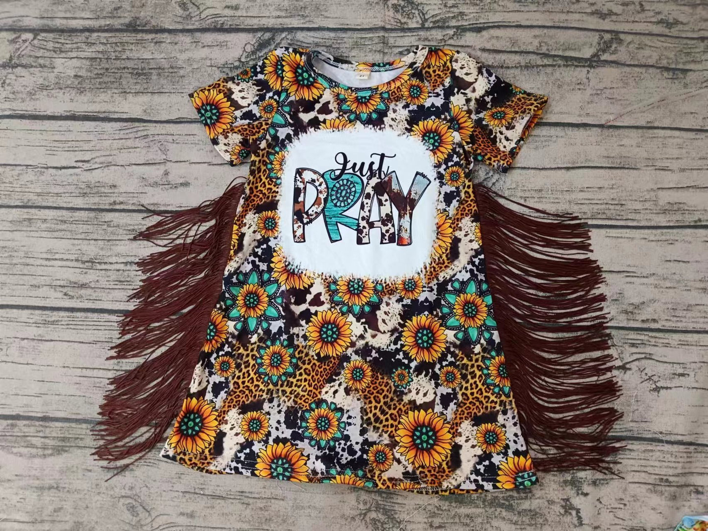 (Custom Design Preorder MOQ 3 ) Just pray sunflowers print tassels knee length dress