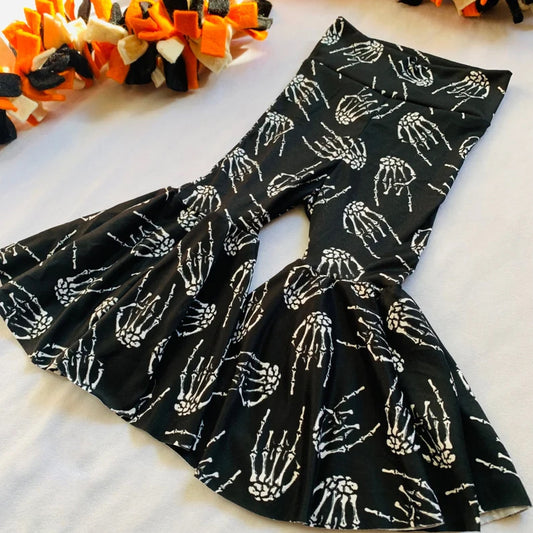 P0259 Girls black bones print Halloween bell bottom pants