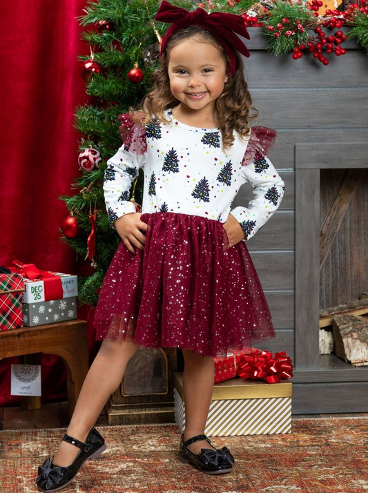 (Custom Design MOQ 5) Christmas tree print top wine tulle dress
