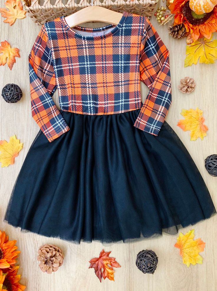 (Custom Design MOQ 5) Orange navy plaid print top tulle fall dress