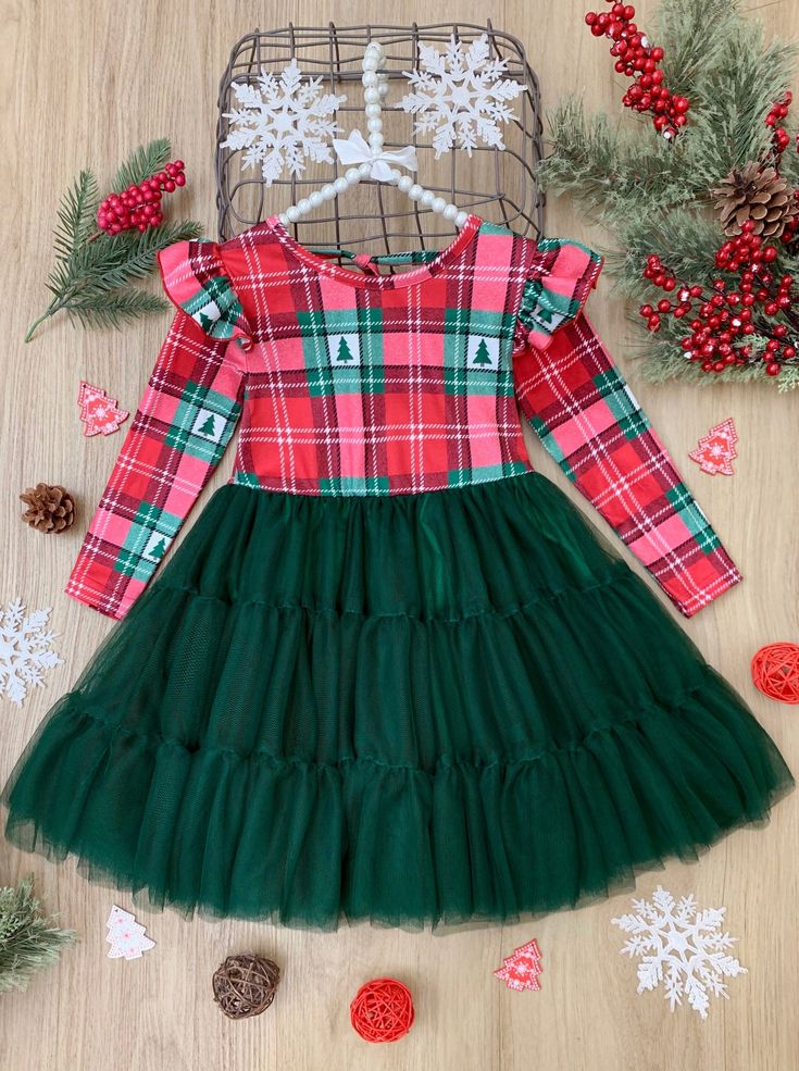 (Custom Design MOQ 5) Red green plaid print top tulle Christmas dress