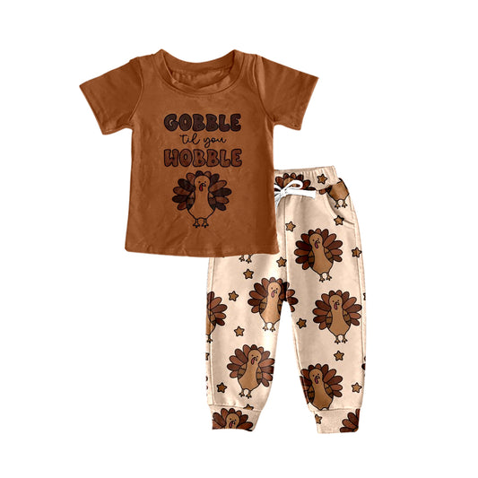 (Custom Design MOQ 5) Brown turkey print boys Thanksgiving clothes set
