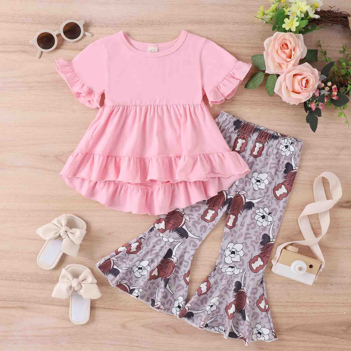 (Custom Design MOQ 5) Pink top highland cow bell pants girls western clothes set