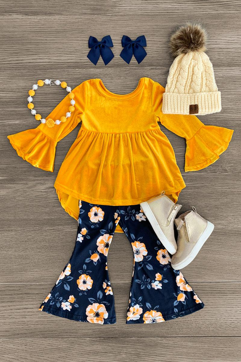 (Custom Design MOQ 5) Mustard velvet tunic top flowers bell pants girls fall clothes set