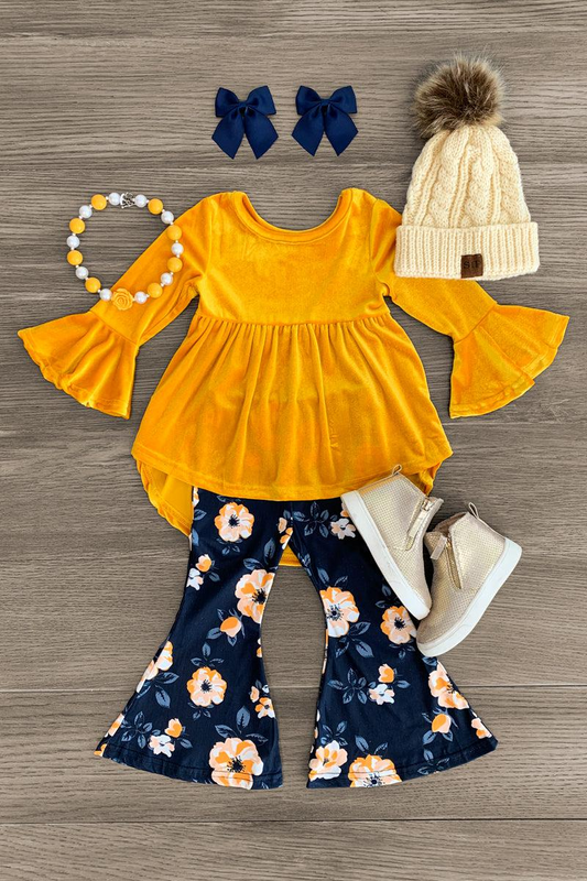 (Custom Design MOQ 5)  Mustard velvet tunic top flowers bell pants girls fall clothes set