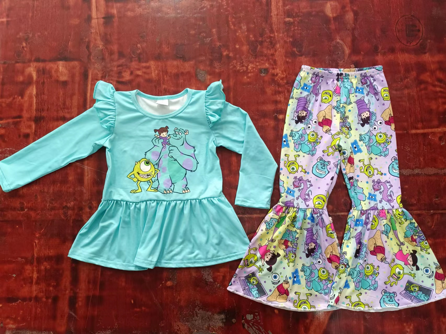 (Custom Design MOQ 5) Cartoon monster bell pants girls clothes set