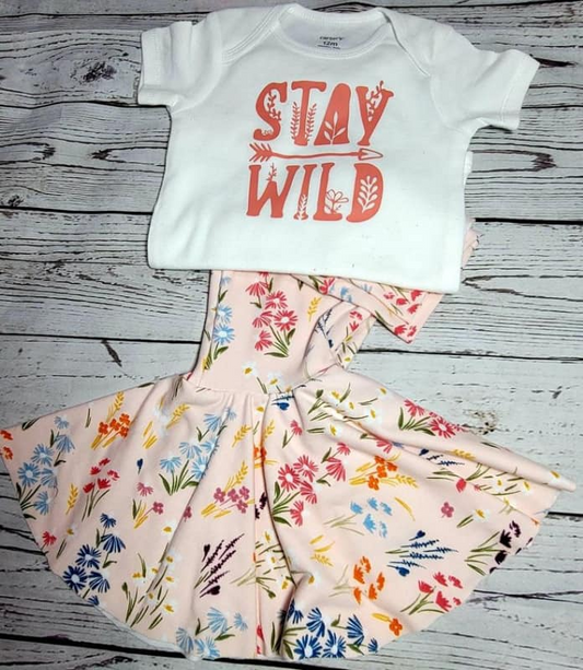 (Custom Design MOQ 5)  Stay wild top flowers bell pants girls fall clothes set