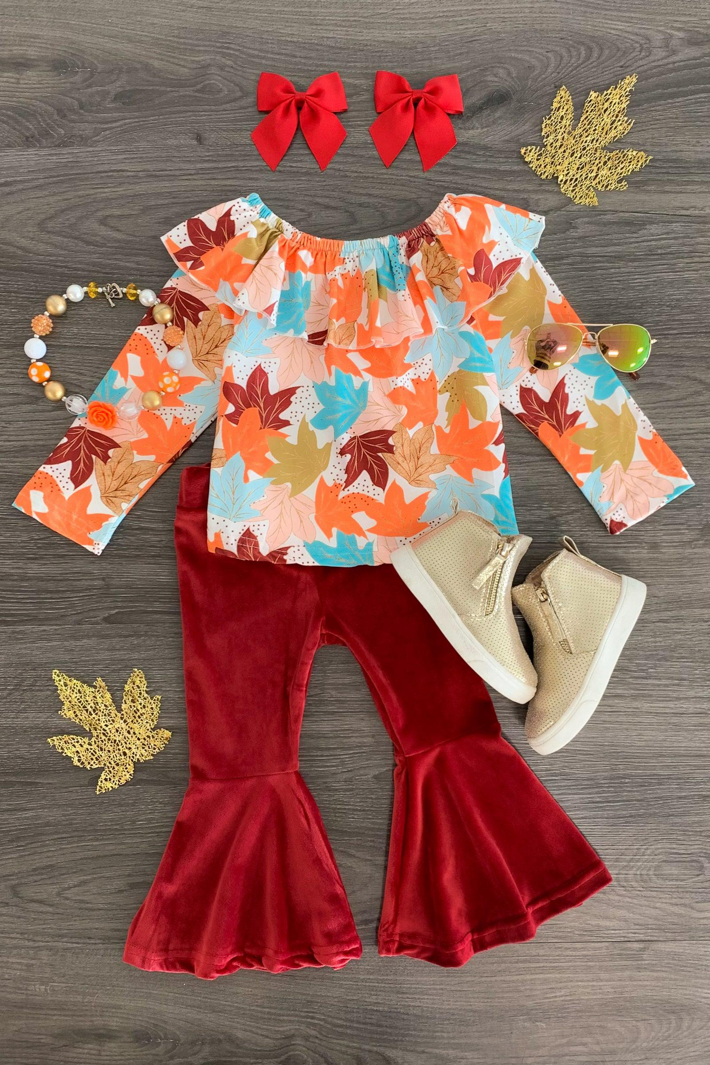 (Custom Design MOQ 5) Maple Leaf top red velvet bell pants girls fall clothes set