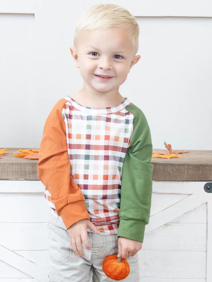 (Custom Design MOQ 5) Fall plaid boys raglan tee shirts top