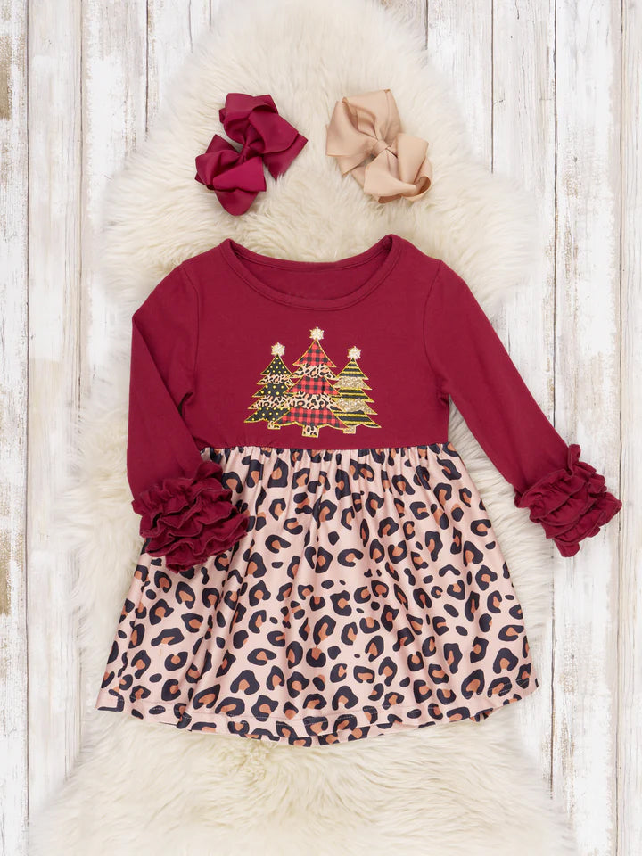 (Custom Design MOQ 5) Christmas Leopard Tree Girls Knee Length Dress