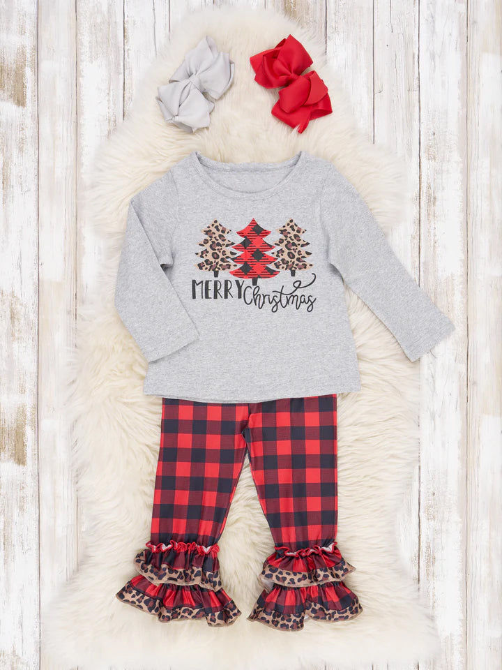 (Custom Design MOQ 5) Merry Christmas leopard tree print red plaid pants girls clothes set