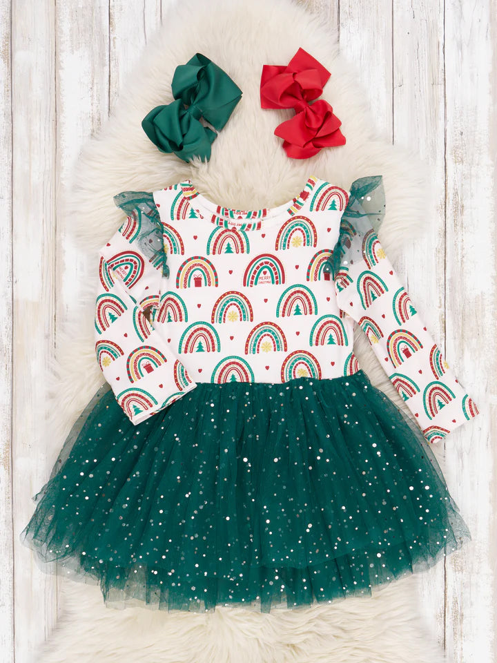 (Custom Design MOQ 5) Rainbow Christmas tree knee length tulle dress