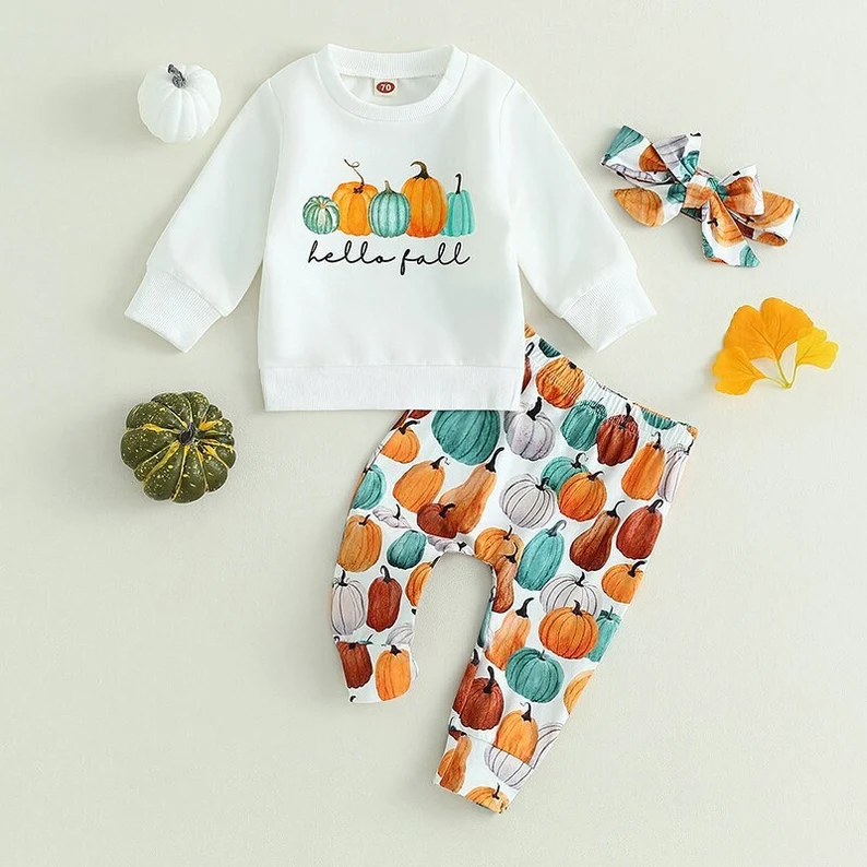 (Custom Design MOQ 5) Hello fall pumpkin pants girls clothes set