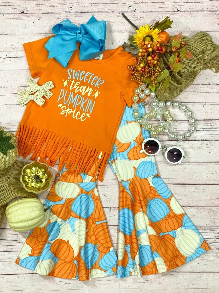 (Custom Design MOQ 5) Sweeter than pumpkin spice bell pants girls fall clothes set