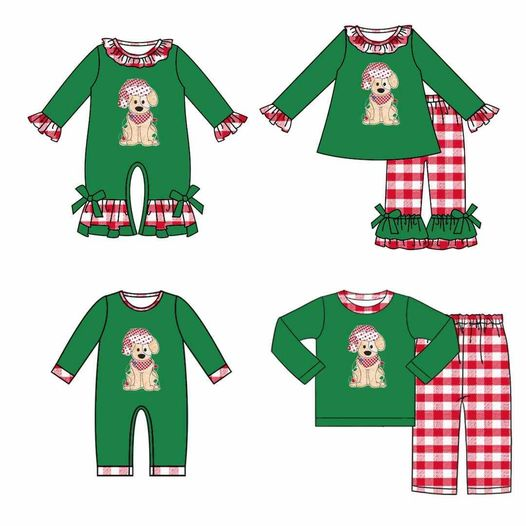 (Custom Design MOQ 5) Christmas dog green baby girls ruffles romper
