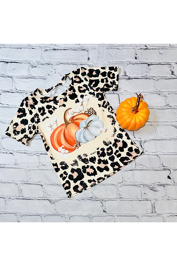 (Custom Design MOQ 5) Pumpkin leopard girls tee shirts top