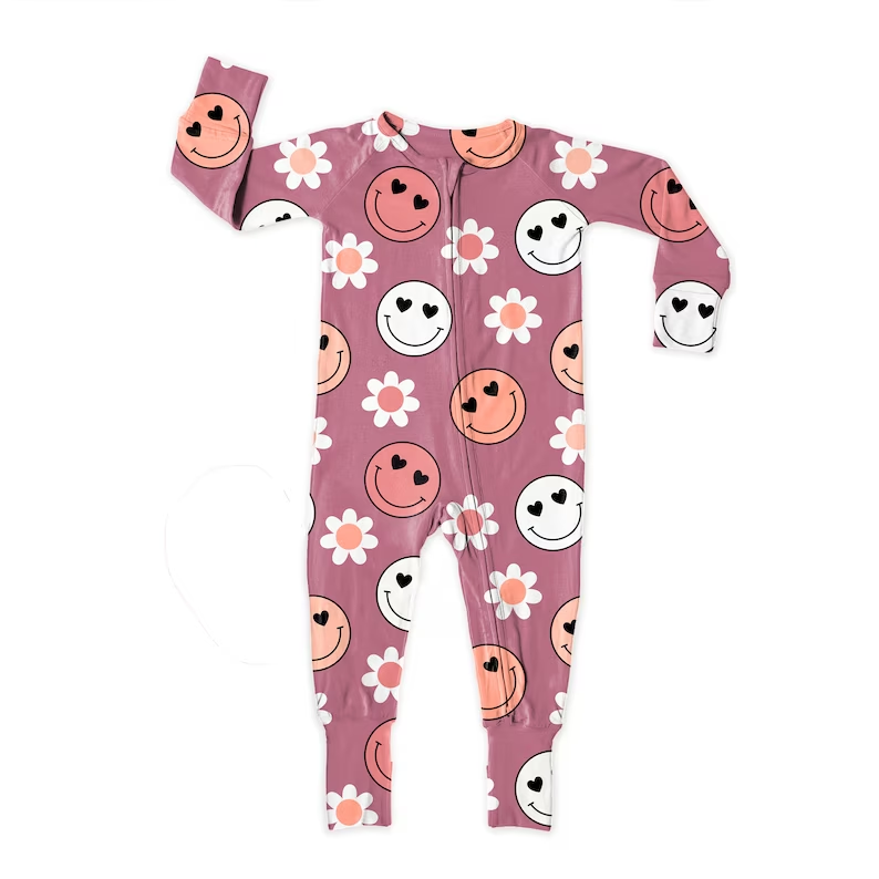 (Custom Design MOQ 5) Pink flowers smiling face print baby girls zipper romper