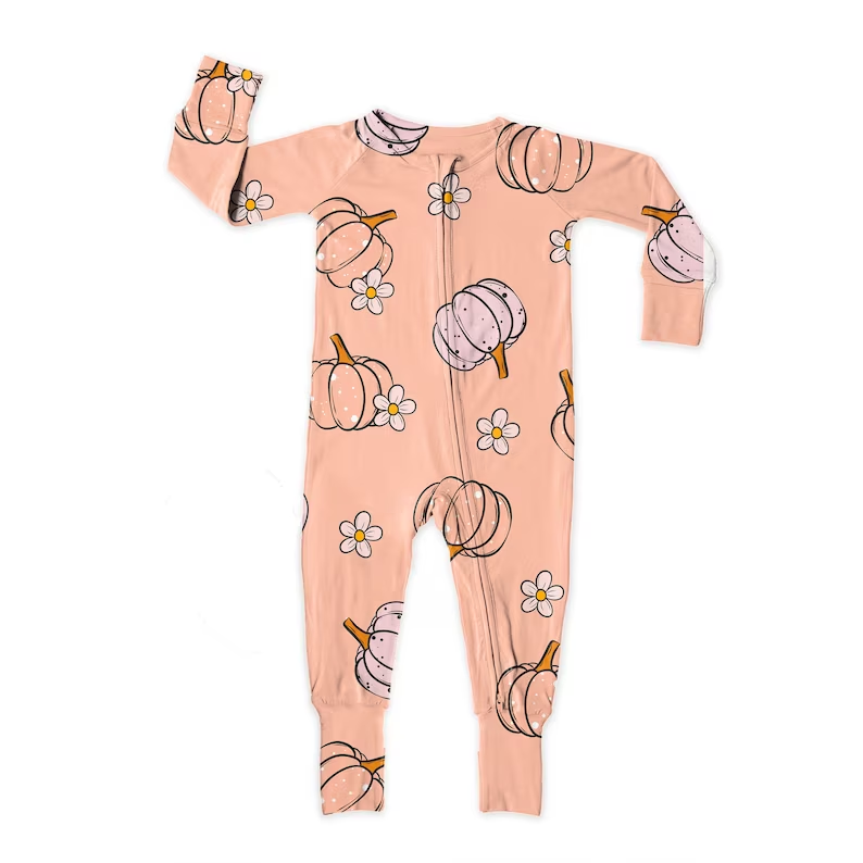 (Custom Design MOQ 5) Pink pumpkin flowers baby fall zipper romper
