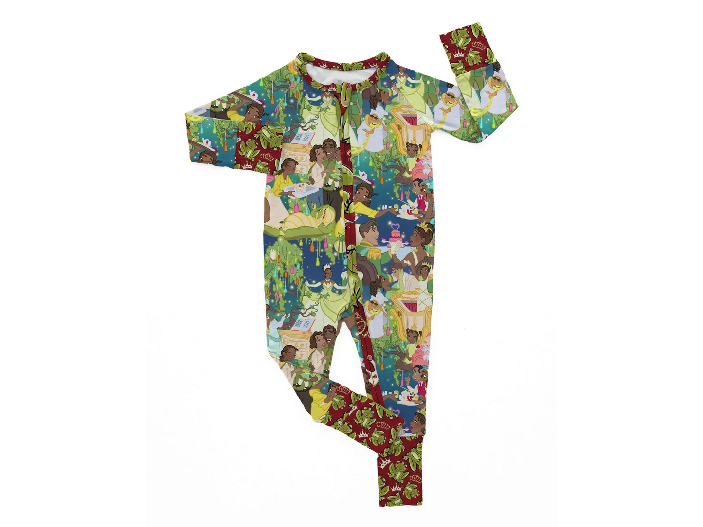 (Custom Design MOQ 5) Cartoon frog princess print baby girls zipper romper