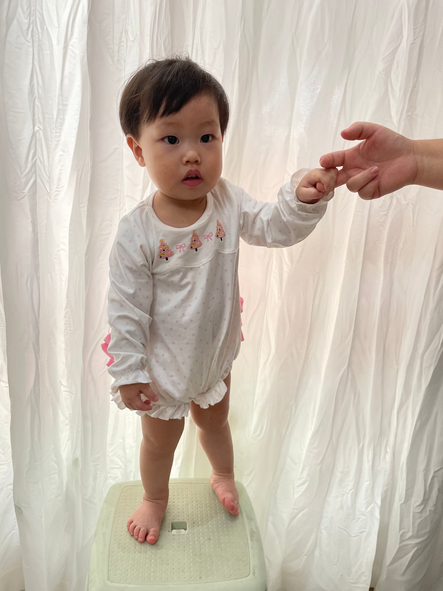USA-Shop LR0392 White pink Christmas tree embroidery print baby girls bubble romper