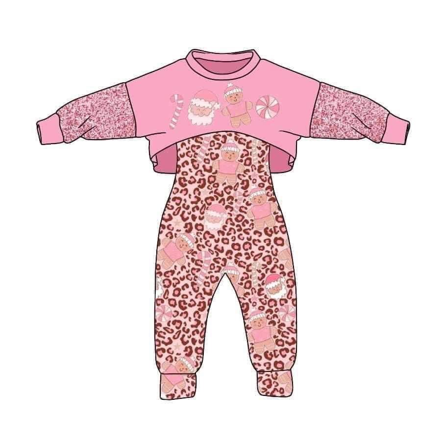 (Custom Design MOQ 5) Pink Santa Gingersnap Leopard Print Girls Christmas Jumpsuit Clothes Set