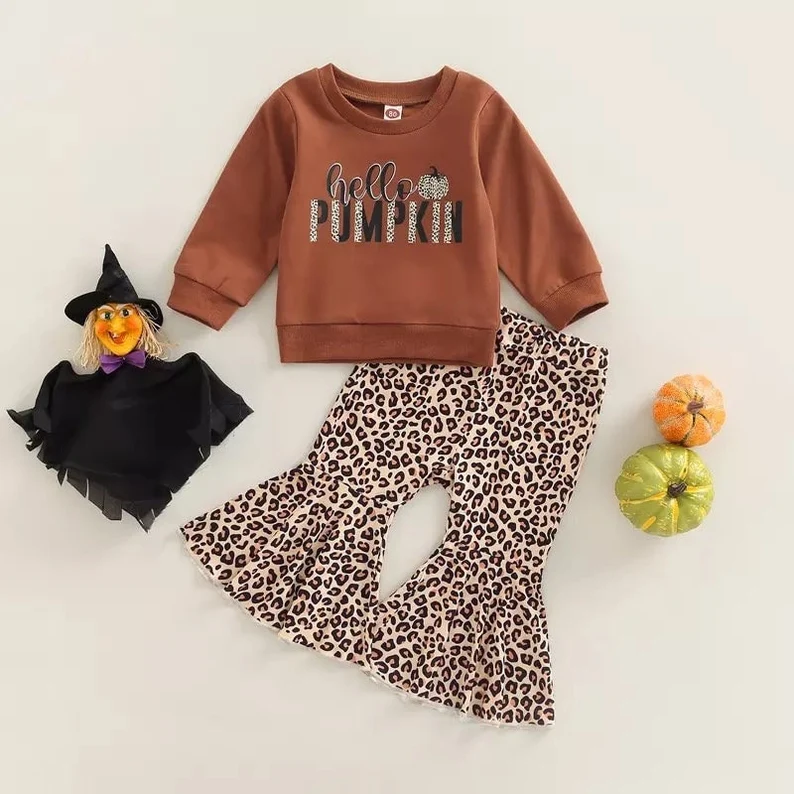 (Custom Design MOQ 5) Hello Pumpkin Brown Top Leopard Bell Pants Girls Fall clothes set