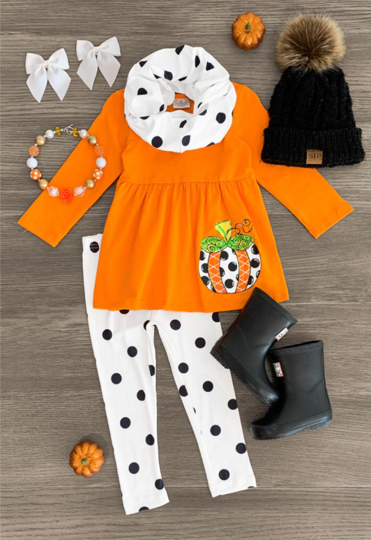 (Custom Design MOQ 5) Orange Pumpkin Tunic Top Legging Pants Girls Fall 3 Pieces clothes set