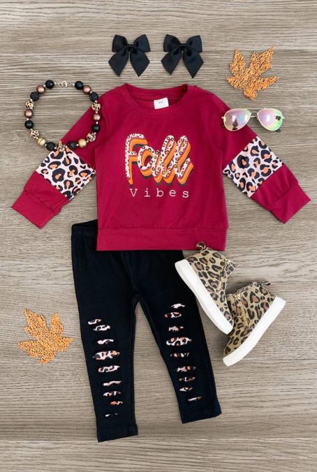 (Custom Design MOQ 5) Fall Vibes Wine Top Leopard Hole Legging Pants Girls Fall clothes set