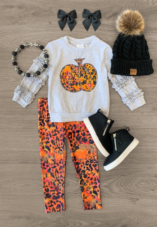 (Custom Design MOQ 5) Grey Pumpkin Ruffles Top Leopard Legging Pants Girls Fall clothes set
