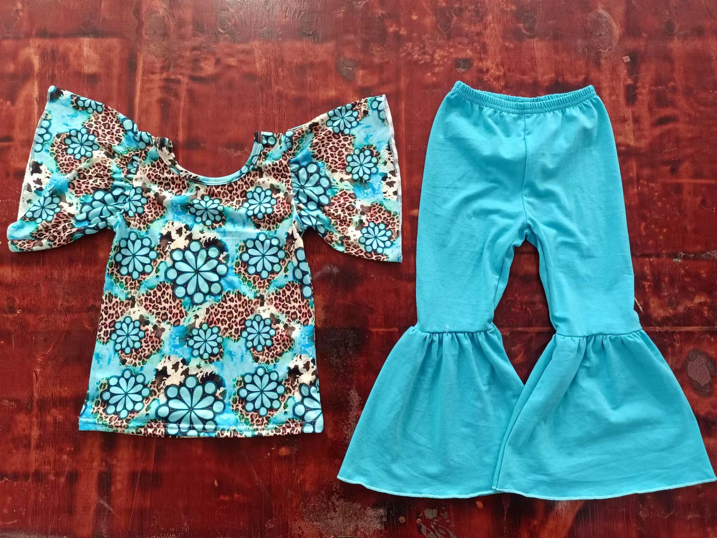 (Custom Design MOQ 5) Turquoise Top Blue Bell Pants Girls Western Clothes Set