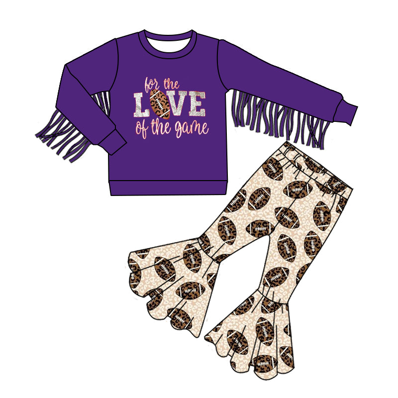 (Custom Design MOQ 5) Love The Game Purple Tassels Top Football Bell Pants Girls Clothes Set
