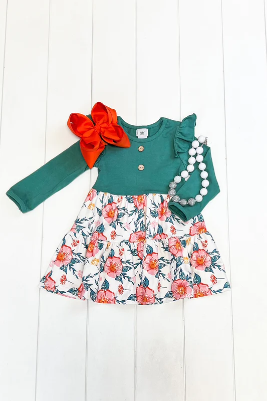 (Custom Design MOQ 5) Green flowers girls knee length dress