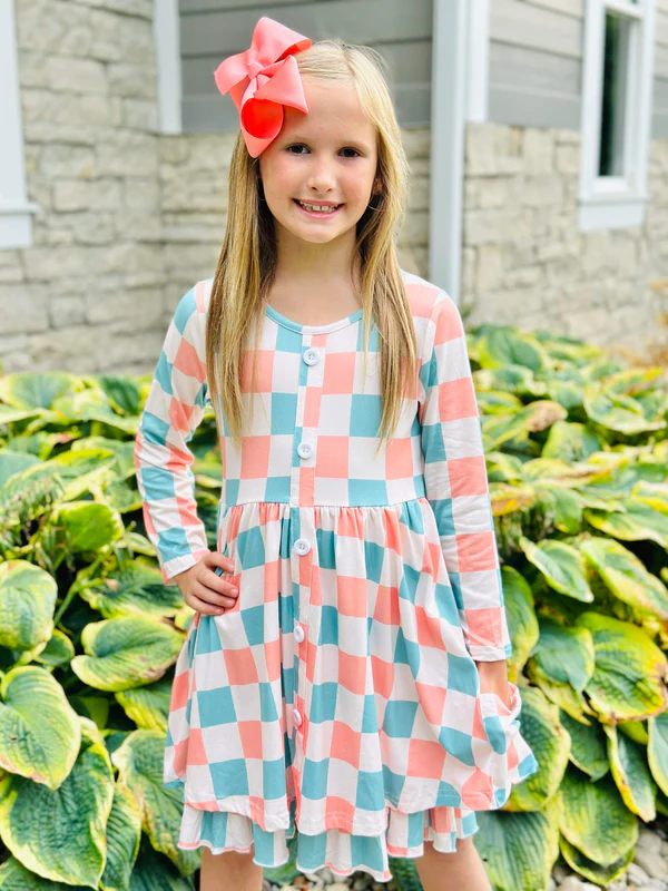 (Custom Design MOQ 5) Pink blue plaid pockets girls knee length dress