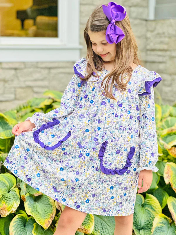(Custom Design MOQ 5) Purple flowers pockets girls knee length dress