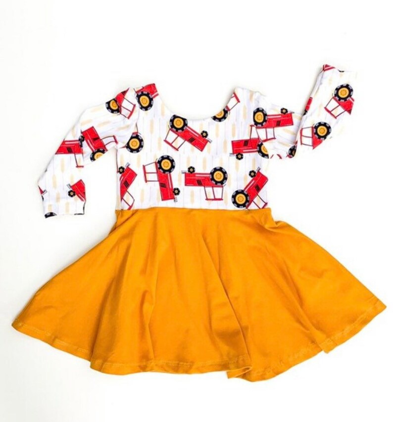 (Custom Design MOQ 5) Tractors print mustard girls knee length dress