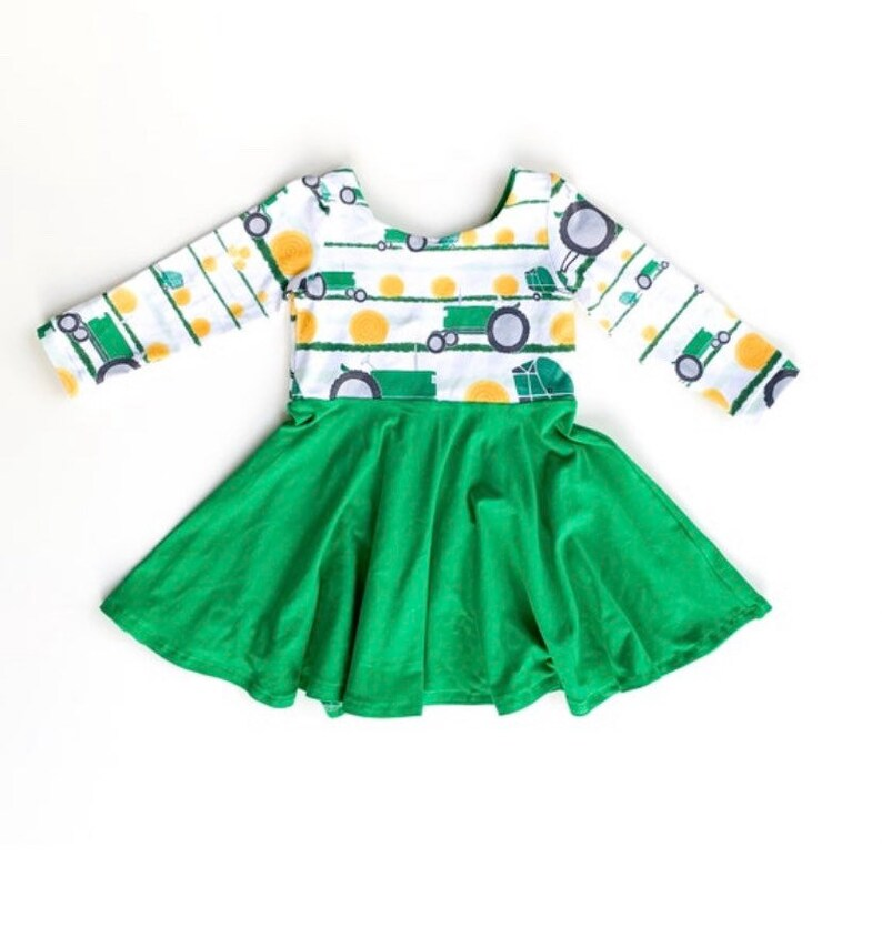 (Custom Design MOQ 5) Tractors print green girls knee length dress