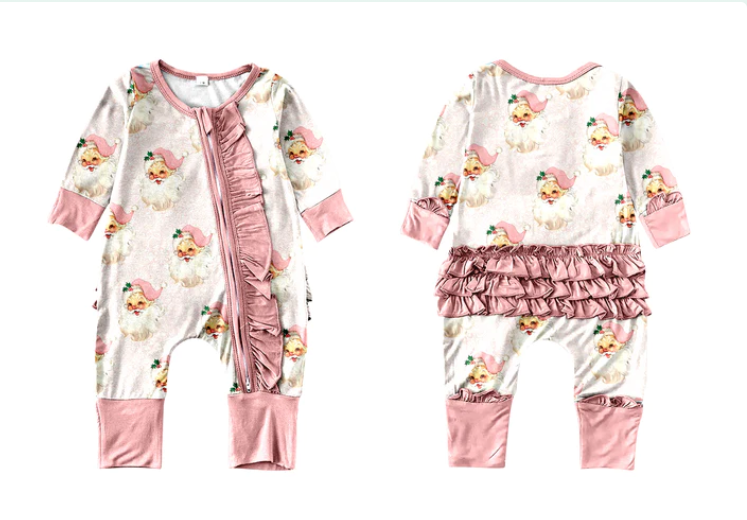 (Custom Design MOQ 5) Pink Santa Print Ruffles Baby Christmas Romper