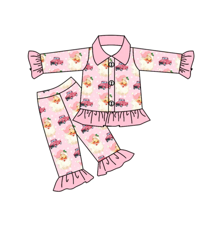 (Custom Design MOQ 5) Pink Santa Girls Button Christmas Pajamas Clothes Set