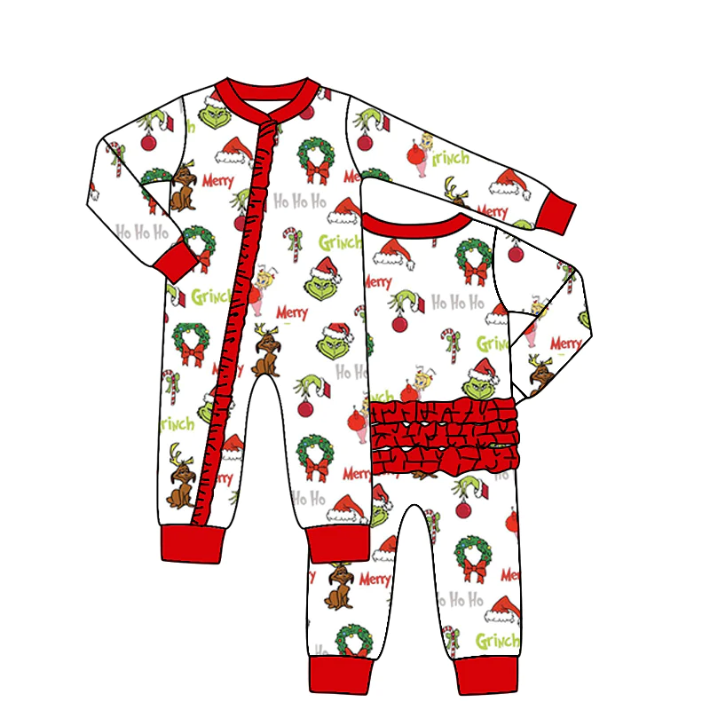 (Custom Design MOQ 5) Merry Christmas Print Ruffles Baby Girls Zip Romper