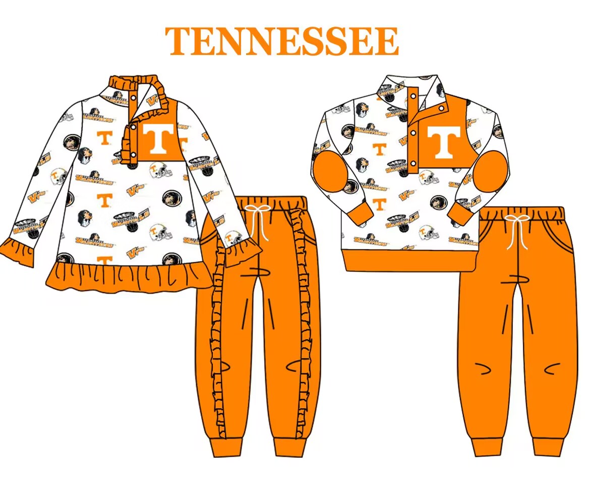 (Custom Design MOQ 5) Orange football team's print button pullover shirts pants girls fall clothes set