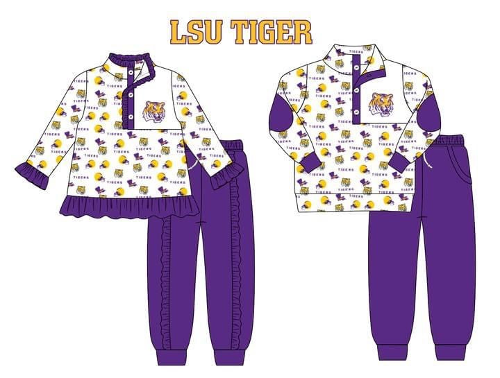 (Custom Design MOQ 5) Purple football team's print button pullover shirts pants boys fall clothes set