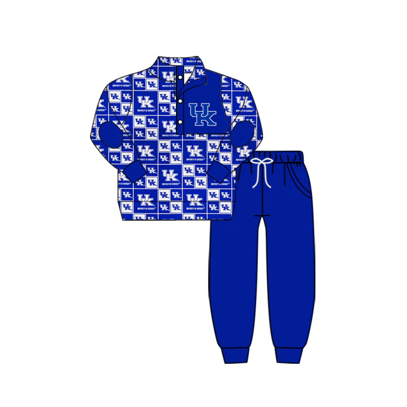(Custom Design MOQ 5) Blue football team's print button pullover shirts pants boys fall clothes set